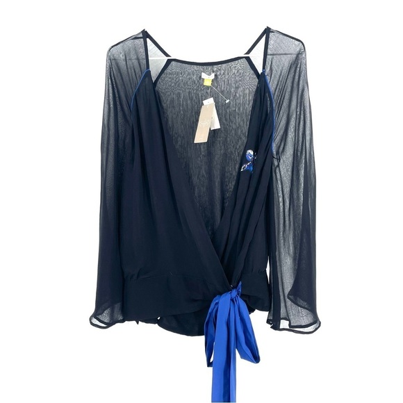 ANTHROPOLOGIE LEIFSDOTTIR NWT $198 Black Floral Sheer Tie Waist Beaded Wrap Top - Picture 2 of 8